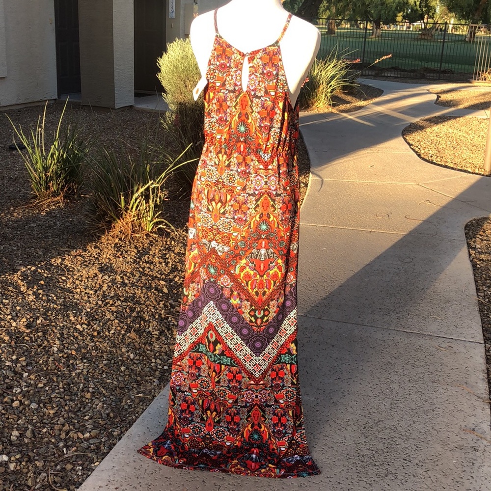 Colorful Patterned Spaghetti Straps Maxi Dress w/ Side Splits! Sz L; FITS LIKE M